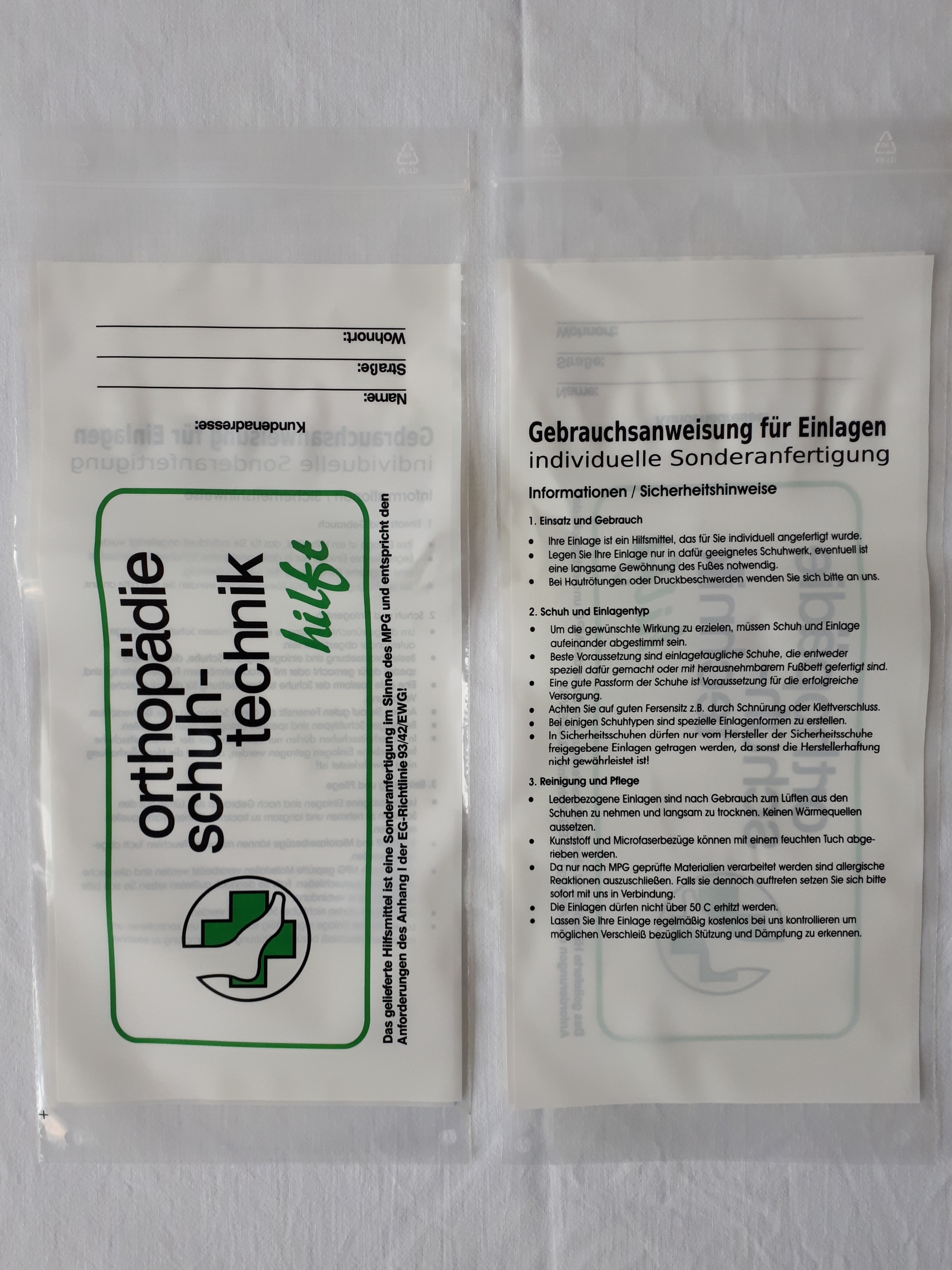 Einlagentüten für Orthopädie-Einlagen Einlagentüten für Orthopädie-Einlagen